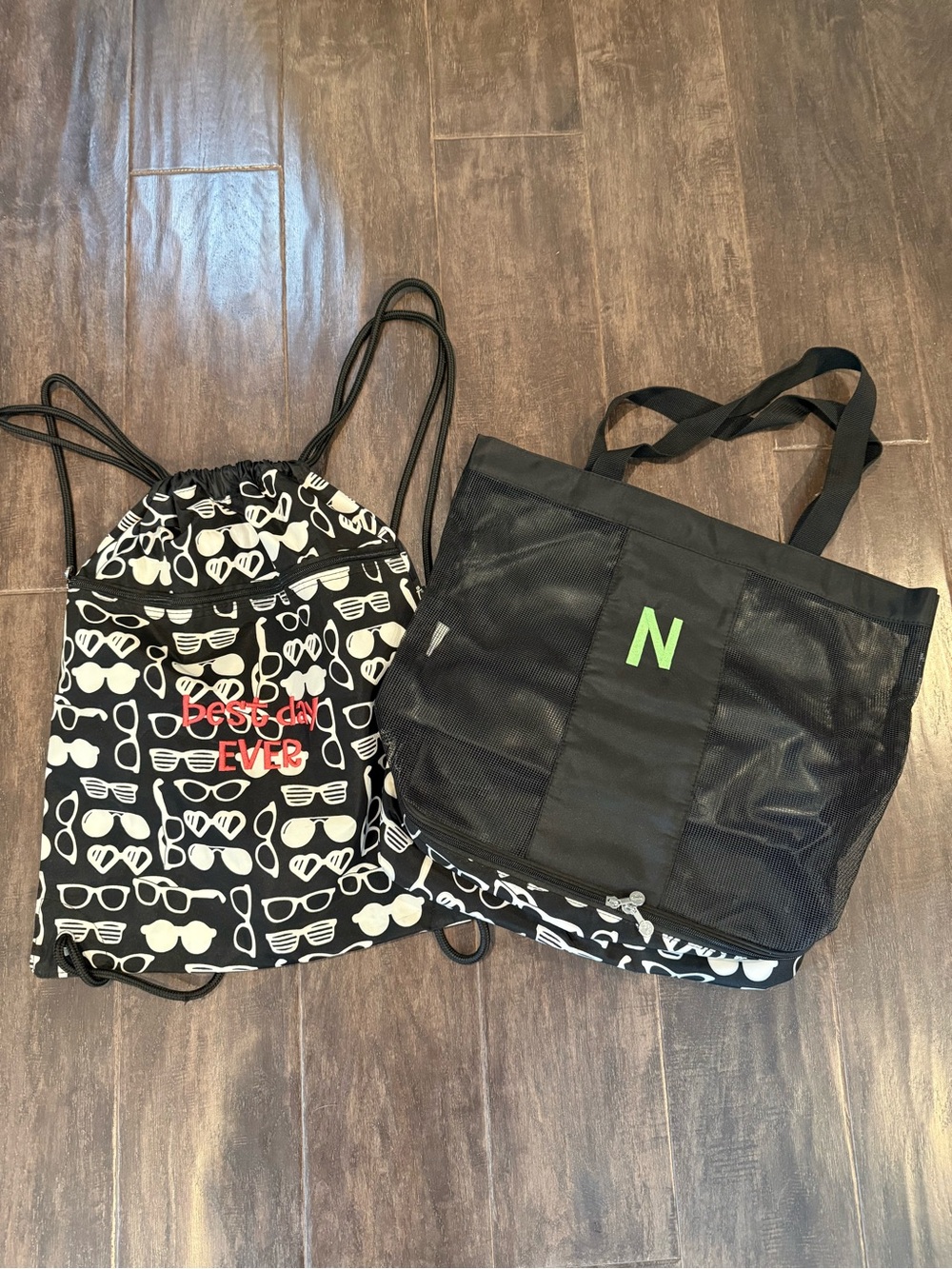 Initials Inc. Black Sunglasses-Print Drawstring Backpack and Black Mesh Tote Set